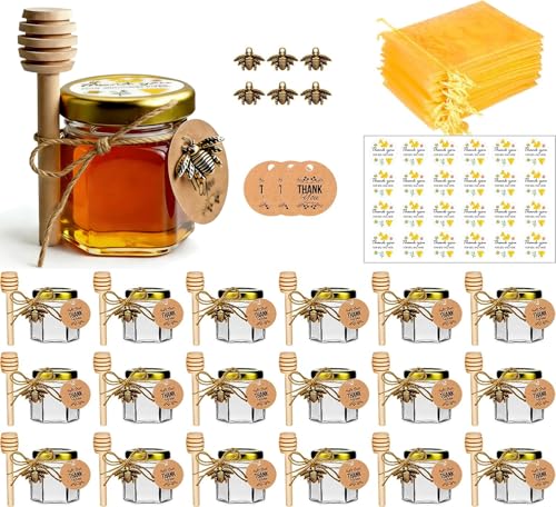 DnayDkiy Kleine Honiggläser Honigglas mit Honiglöffel Marmeladengläser mit Bienen Anhänger Mini Honigtöpfe Honiggeschenke Mini Gläser für Baby Shower Hochzeit Gastgeschenk 20 Stück 45ml