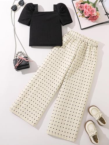 Image of Hilinker Girls 2 Piece Outfits Square Neck Puff Sleeve Top and Pants Summer Cute Clothing Set Black Beige 9-10Y