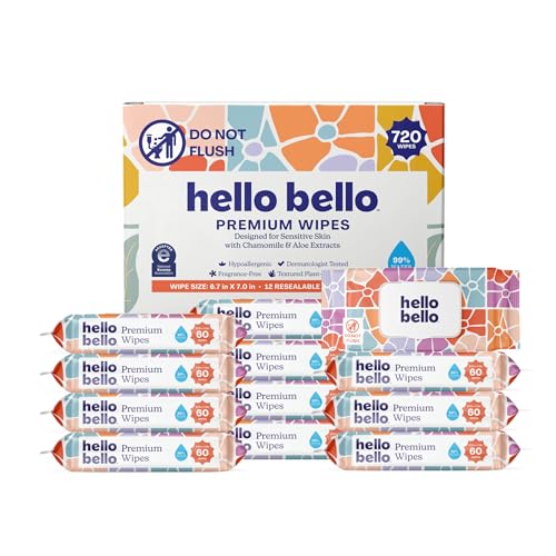 Hello Bello Premium Wipes Designed for Sensitive Skin with Chamomile & Aloe Extracts Flower Pop (12 Resealable Packets = 720 Total Wipes)