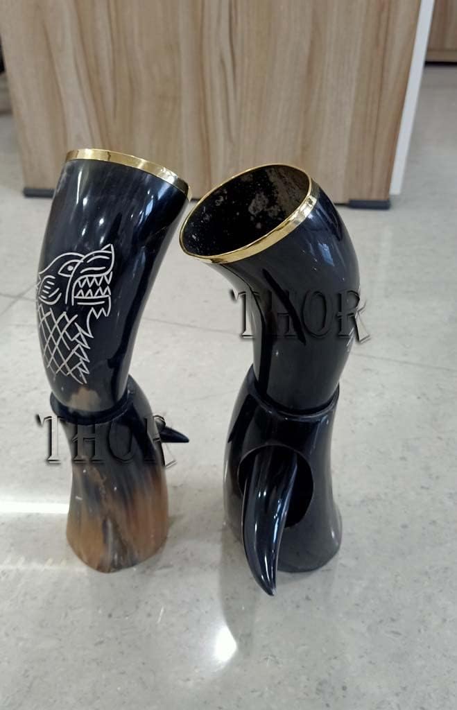 Viking Drinking Wolf Horn Mug - Handmade Natural Horn Drinking with brass trim & Brass set of 2 Viking Drinking Horn Mug Wolf Carved tankard for Beer Wine