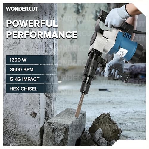 Image of WONDERCUT WC-DHP-005-B Demolition Hammer with 35mm Cylinder, 100% Copper, 15J Force | 1200 Watts, 3600 BPM with 2Pcs 17mm Hex Chisels,Spanner & BMC Box | Concrete & Masonry Breaker |Blue & Black