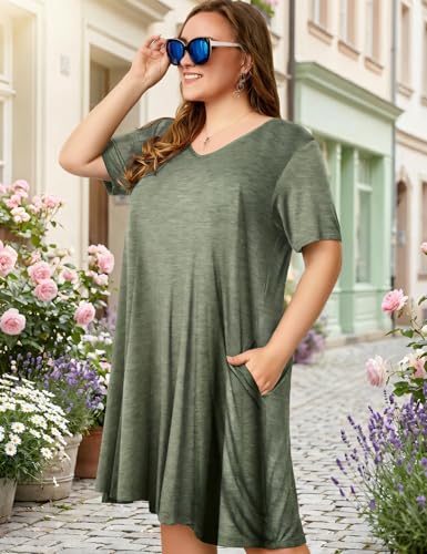 Image of OVERWORETY Womens Short Sleeve Plus Size T-Shirt Dress V Neck Casual Loose Swing A-Line Summer Tunic Dresses with Pockets