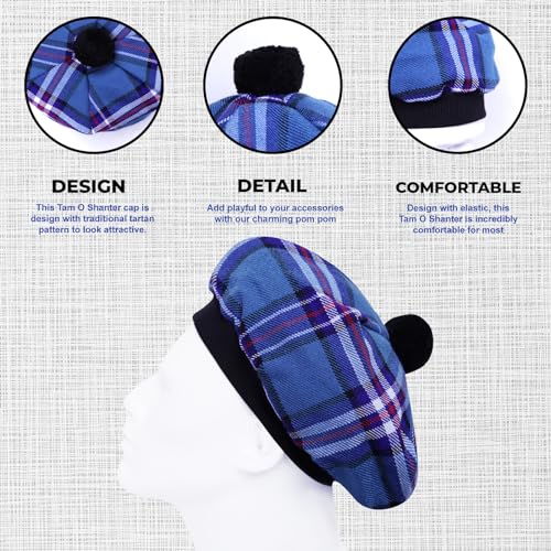 Image of Scottish Tam O' Shanter Hat Tartan Bonnet Pom Pom Wool Flat Cap One Size