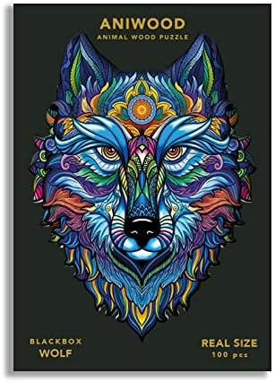 ANIWOOD Puzzle de Madera con Forma de Animal. Tapa troquelada a tamaño Real del Puzzle. Contiene Piezas únicas de Animales (Small, Lobo)