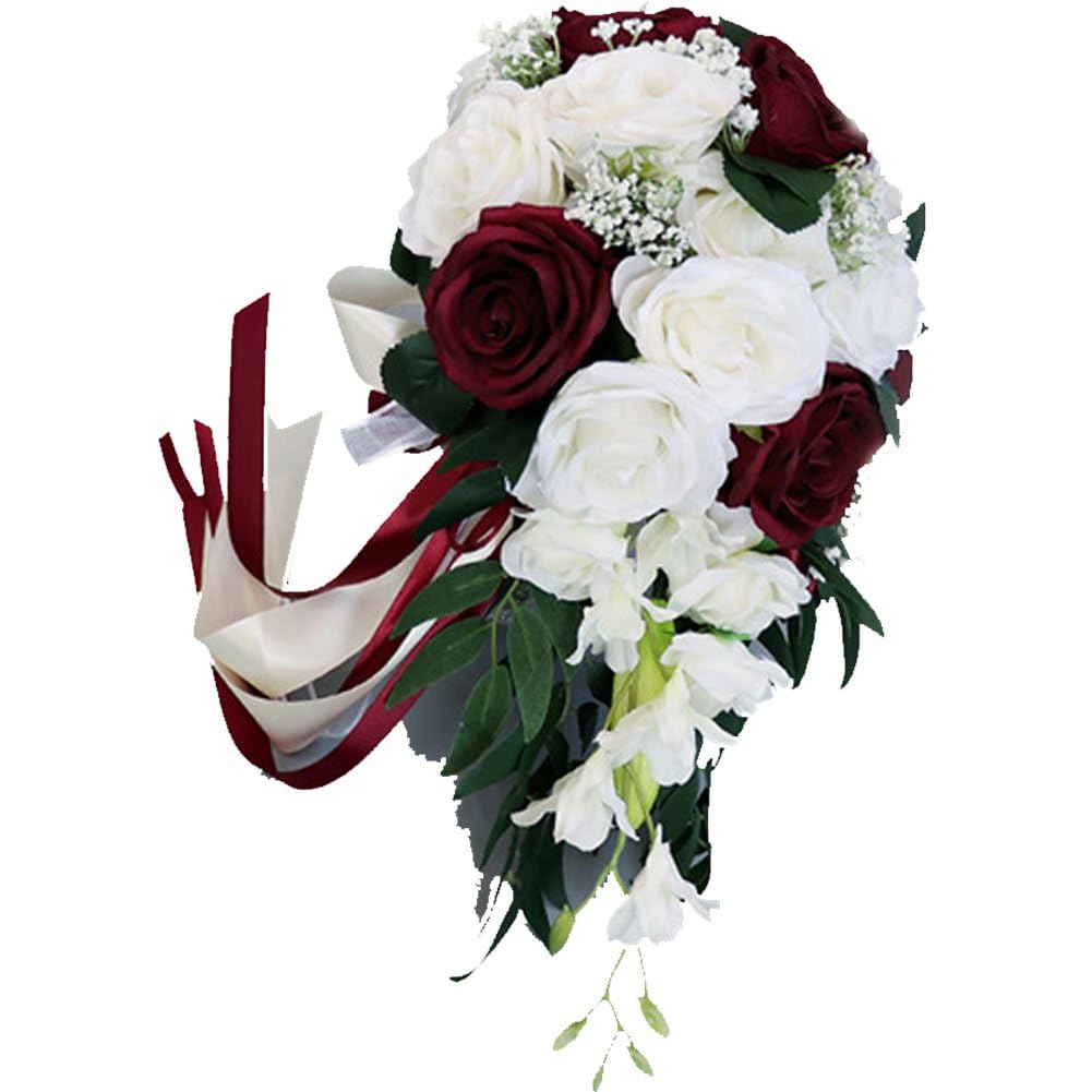 Fituenly Wedding Bouquets for Bride, White Red Rose Artificial Toss Bouquet Wedding Outdoor Rustic Waterfall Cascading Bridal Bouquets for Wedding Ceremony and Anniversary