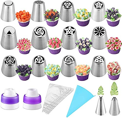27pcs Russian Piping Tips Set - Cake Decorating Supplies for Cupcakes, Cookies, Cakes & Pastries, Includes 12 Icing Tips, 2 Leaf Tip, 2 Couplers & 10 Pastry Bags (27pcs Set)