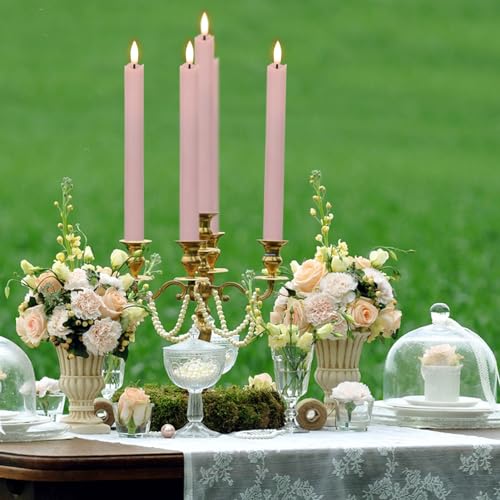 Image of GenSwin Flameless Pink Taper Candles Flickering with 10-Key Remote, Battery Operated Led Warm 3D Wick Light Window Candles Real Wax Pack of 6, Christmas Home Wedding Decor(0.78 X 9.64 Inch)
