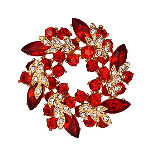 EVER FAITH Austrian Crystal Wedding Flower Wreath Brooch Pin Red Gold-Tone