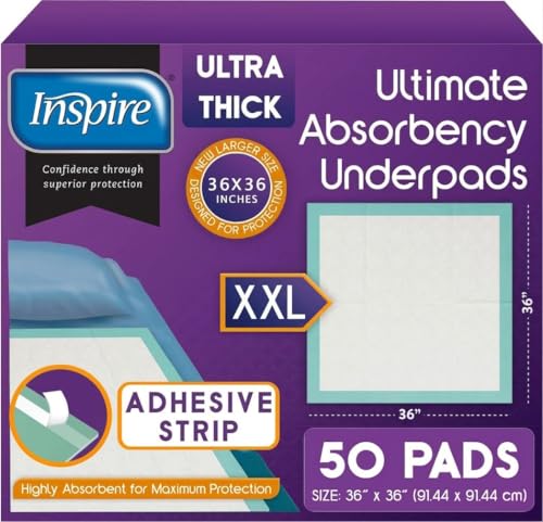 Image of Inspire Extra Large Super Absorbent Disposable Bed Pads for Chronic Incontinence Ultra Thick and Absorbent Bed Pads Disposable Adult | Pee Pads for Adults (36 inch X 36 inch Pack of 50 W / Adhesive)