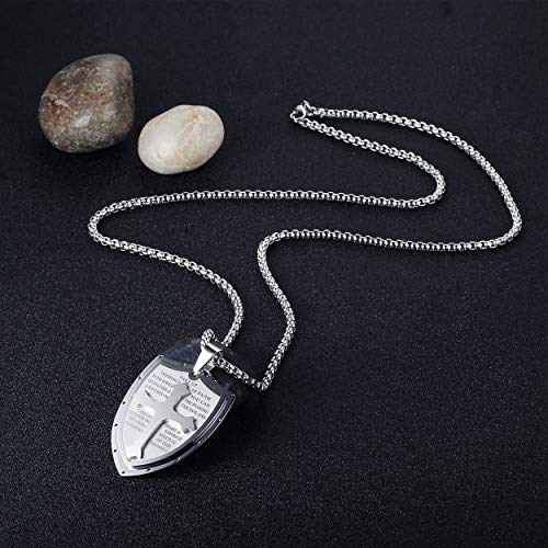 Rehoboth Mens Stainless Steel Shield Armor of God Cross Pendant Necklace Bible Verse Ephesians 6:16-17 Chain 24" for Women Men Black Silver4