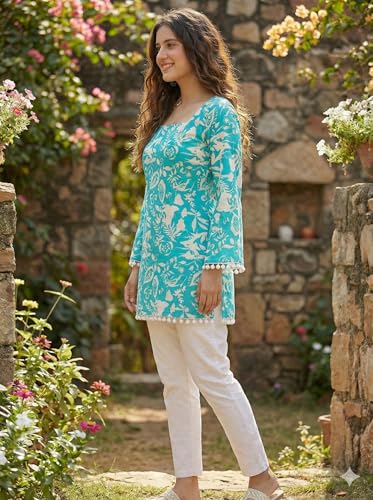 Image of Women's Premium Viscose Rayon Floral Printed Short Kurti | Stylish Bell Sleeves with Pom-Pom Lace | Teal Blue Tunic Top for Jeans & Office Wear