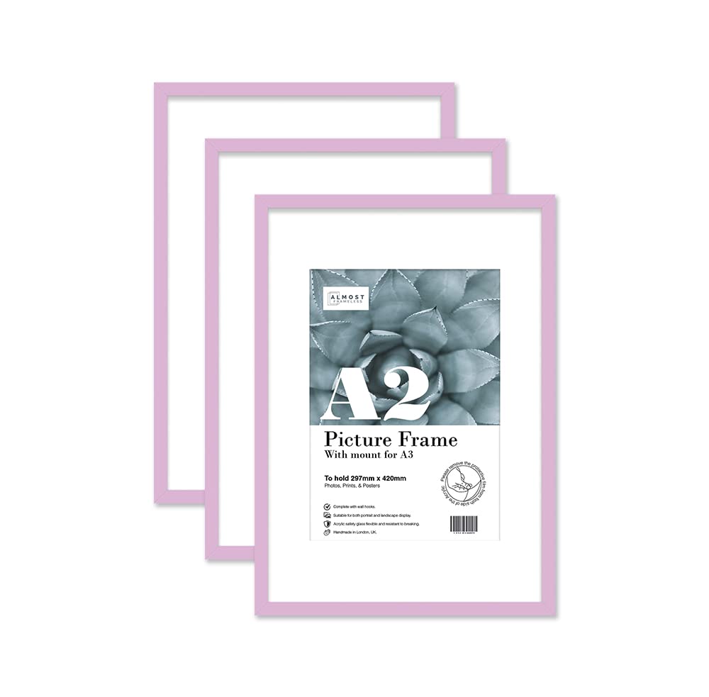 Almost Frameless A2 Lilac Picture Frame Set of 3, Display A3 Pictures with Mount or A5 Without Mount Gallery Wall, Poster, Photo, Artwork, or Print, Lilac