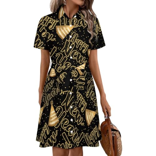 Robe chemise midi d'été pour femme avec boutons motif chapeau du Nouvel An