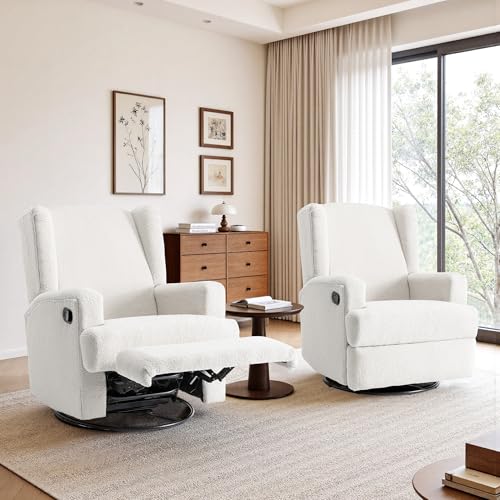 Image of Swivel Rocker Recliner Chairs Set of 2, 360 Swivel Wingback Recliner Chairs for Adults, Upholstered Boucle Fabric Glider Rocking Chair with High Back, Deep Seat for Living Romm Bedroom, Beige