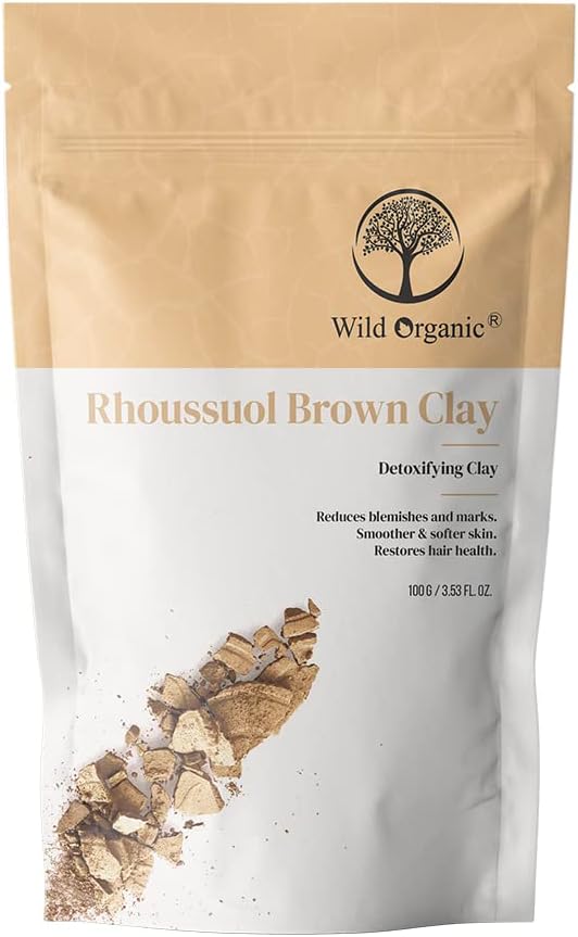 Wild Organic Rhoussuol Brown Clay Powder Detoxifying Clay, Reduces Blemishes and Marks, Reduce Acne & Pimples, Smoother & Softer Skin, Restores Hair Health100gm