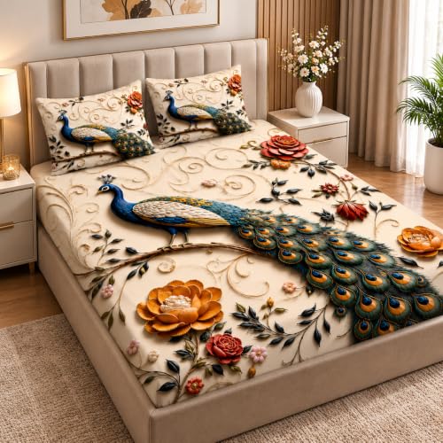 Image of DECORUM Premium Digital Printed BEDSHEET (90 X 100) Inch with 2 King Size Pillow Covers - HIGH-Definition Design & Superior Comfort (Heavy Quality) BEDSHEET Royal Peacock Elegance
