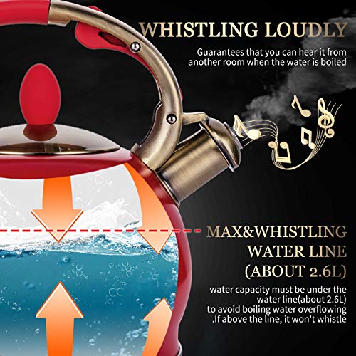 SUSTEAS Red Stove Top Whistling Tea Kettle-Surgical Stainless Steel Teakettle Teapot with Cool Toch Ergonomic Handle,1 Free Silicone Pinch Mitt Included，2.64 Quart - Thumbnail 6