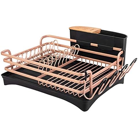 BRIAN & DANY Aluminum Dish Drainer, Dish Drying Rack with Removable Cutlery Holder & Cup Holder, Unique 360° Swivel Spout Drain Board, Golden Cover