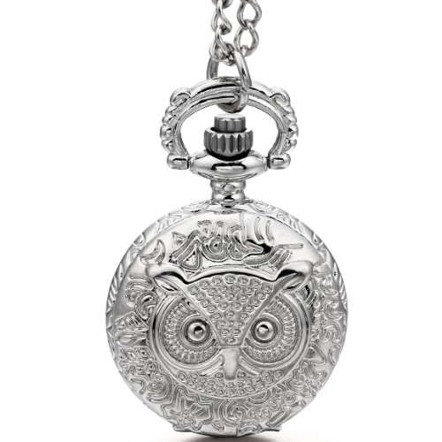 JewelryWe Montre de Poche Quartz Hibou Floral Pendentif Collier Alliage Fantaisie pour Homme Femme Couleur Argent Longueur 80cm avec Sac Cadeau