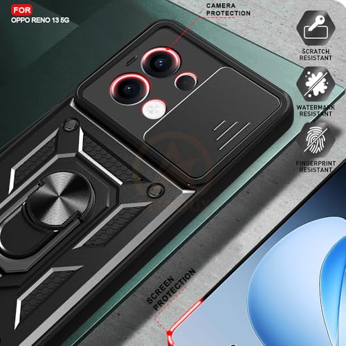 Image of Armor Bumper Back Cover Case for Oppo Reno13 5G Rotating Camera Cover, Ring Holder & Kickstand | Heavy Duty & 360 Degree Protection Oppo Reno13 5G Back Cover (Black)