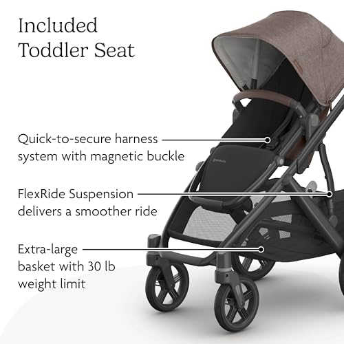 Image of UPPAbaby Vista V3 Stroller + Bassinet V3 - Convertible Single-to-Double Stroller System- Bassinet, Toddler Seat, Bug Shield, Rain Shield Included - Owen - Mocha Melange|Carbon Frame | Chestnut Leather