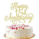 AROKIPPRY Golden Glitter Happy 15th Anniversary Cake Topper - 15th Wedding/Company/Birthday Party Decoration