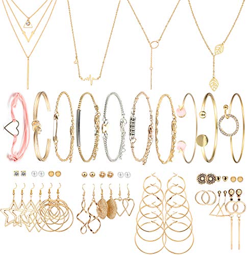 FIBO STEEL 4 Pcs Necklaces,24 Pairs Stud Dangle Earrings,10 Pcs Chain Bangle Bracelets Set for Women Fashion Gold Necklace Jewelry Set