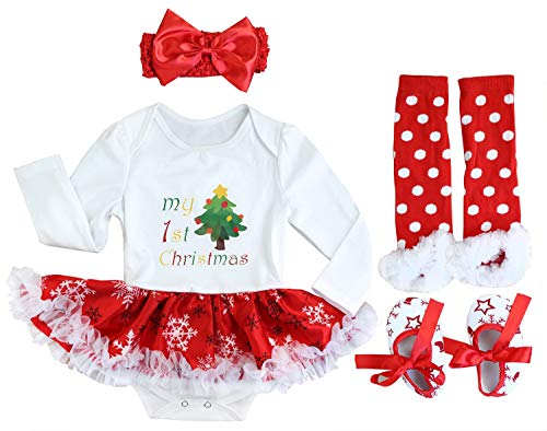 FANCYINN Baby Mädchen Weihnachten Tutu Tüll Kleid Weihnachtskleid Kleinkinder Weihnachten Strampler Kleid mit Stirnband Beinlinge & Schuhe Weißer Weihnachtsbaum 0-3 Monate Cover