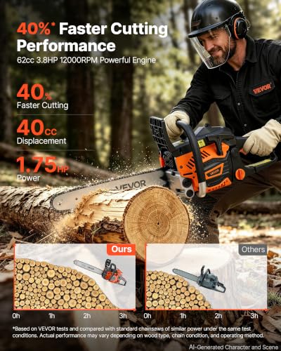 Image of VEVOR Gas Powered Chainsaw 16 Inch 40CC 1.75HP 2 Stroke Engine Gas Chainsaw | For Wood Cutting, Tree Trimming & Land Clearing, Throttle-Synced Choke, Power Chain Saw with Non-Slip Handle & Dual Tanks