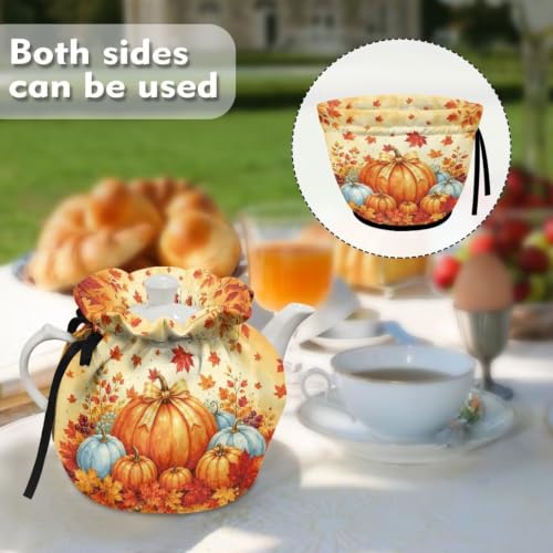 Image of Fall Pumpkin Tea Cosy for Teapot Insulated Kettle Cover Bow Print Breakfast Warmer Kitchen Teapot Dust Covers Washable Tea Cozy Tabletop Decorations for Afternoon Tea
