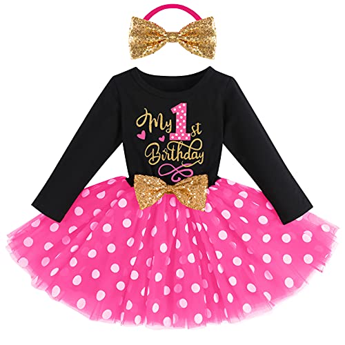 Smash Cake Mini Polka Dots Tutu Dress w/Headband Long Sleeve Sequin Bowknot Princess Baptism Christening Dance Evening Fall Winter Wonderland Shower Party Supplies Black+Hot Pink-my 1st birthday 1T