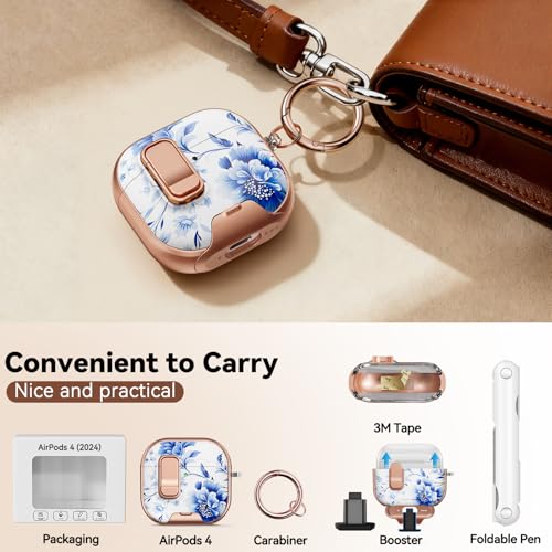 Image of for AirPod 4 Case, with Safty Lock & Phone Stand for Floral AirPod 4 Generation Case Cover for Women Girly, iPod 4 Cases with Keychain & Cleaner Kit -Blue +White Porcelain