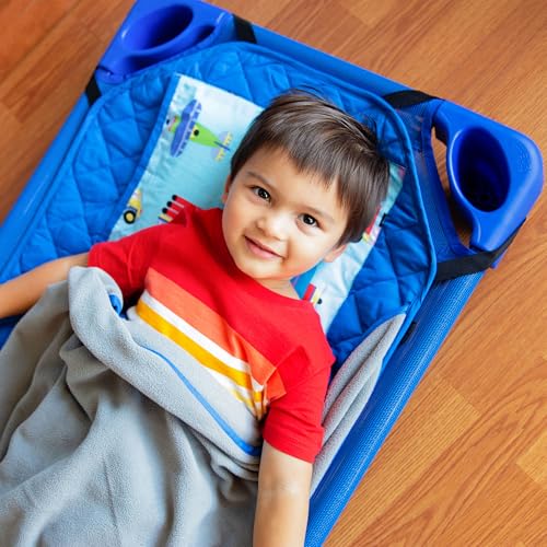 Image of Wildkin Modern Kids Nap Mat with Pillow for Boys - Cotton Blend, Elastic Straps, Sleep Mat for Daycare, Preschool, Kindergarten & Travel, Ages 3-7, Machine Washable - Trains, Planes, and Trucks