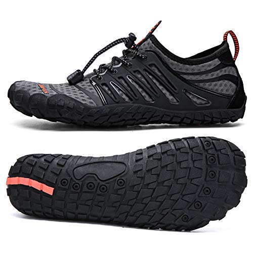 UBFEN Water Shoes Aqua Swim Shoes Mens Womens Beach Sports Quick Dry Barefoot for Boating Fishing Diving Surfing Dark Grey Orange Color Size US 12 Women 10 Men