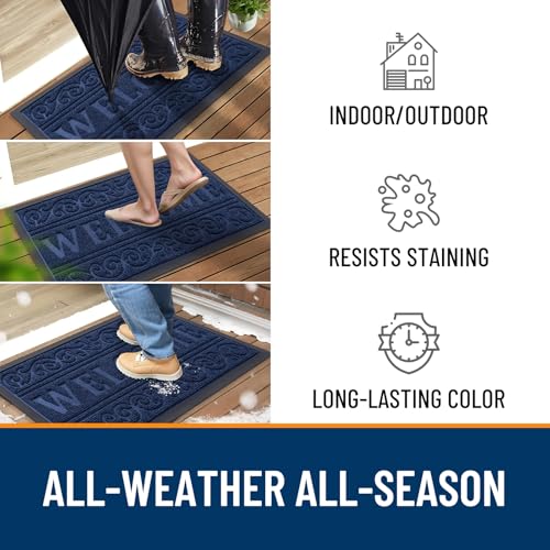 Image of OLANLY Welcome Door Mat Indoor Outdoor Entrance, Heavy Duty Sturdy Front Door Mat, Waterproof All-Weather Doormat, Stain Resistant, Low Profile, Easy Clean Patio Entryway Mat, 29.5 x 17, Navy Blue