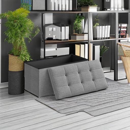 songmics mazie collection - 30 inches folding storage ottoman bench, ottoman foot rest, end of bed bench, storage chest, load 660 lb, for living room, bedroom, entryway, light gray ulsf47g light gray 15"d x 30"w x 15"h