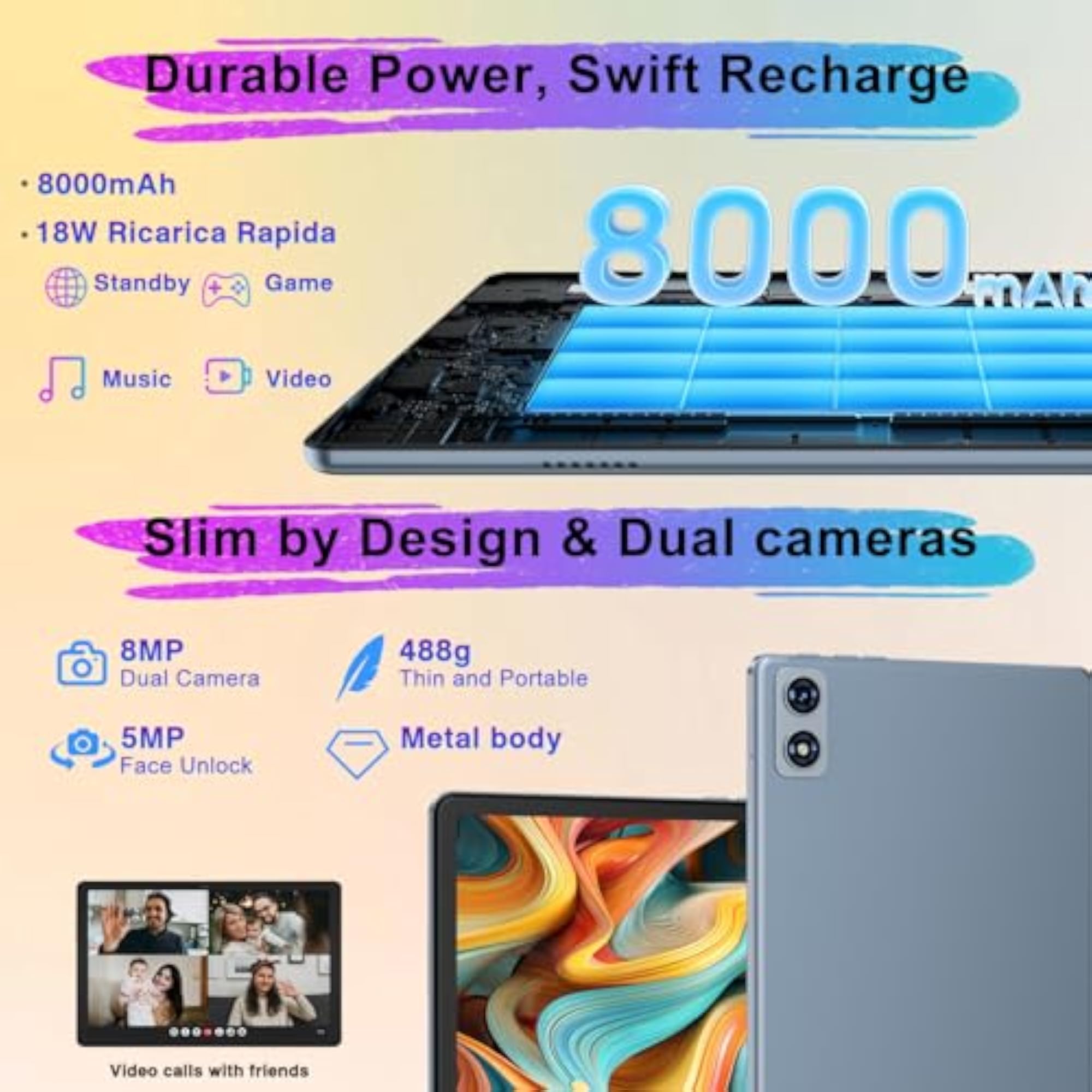 Android 14 Tablet with 22G RAM, 128G ROM, Face Unlock