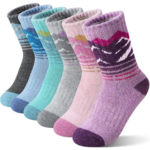Sandsuced Kids Girls Toddlers Merino Wool Hiking Socks Thermal Warm Winter Cozy Crew Outdoor Socks 6 Pairs Gift Stocking Stuffers(Mountain Peak Mixed 8-12 Years)