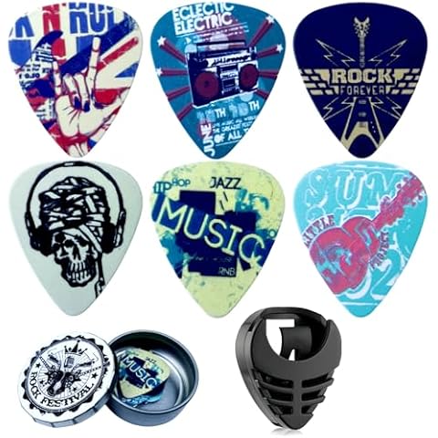 Miwayer Guitar Picks-Medium, 6 Pack Art Cool Guitar Pick In Metal Box W/Black Pick Holder, Unique Gift For Bass, Electric & Acoustic Guitars Lovers (Band Style) Cover