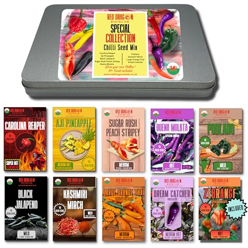 Chilli Seed Kit Special Collection - Grow Your Own Chilli Peppers Includes Worlds Hottest Carolina Reaper 10 Incredible Chilli Pepper Seeds Varieties Seed Gift Set Gardening Gifts for Women & Men