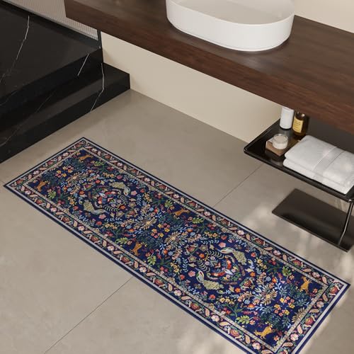 Runner Rug Washable Kitchen Runner 2'6''x8' Runner Rug for Entryway Indoor Floral Non-Slip Soft Carpet Runner for Hallways, Kitchen, Laundry, Bedroom, Bathroom(Blue)