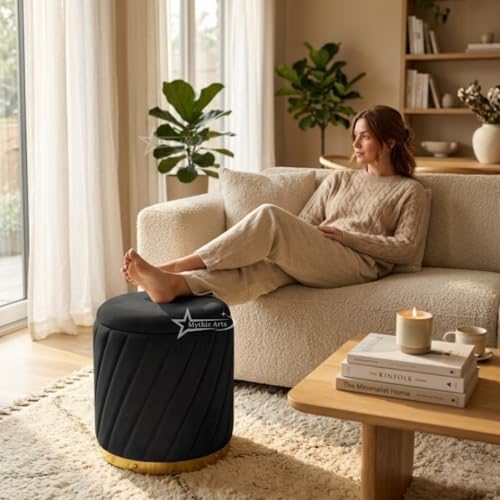 Image of Mythic ArtsRound Upholstered Sitting Stool & Footrest Velvet Storage Ottoman Pouffe16 X 16X 19 inch | Versatile Puffy for Living Room, Bedroom, and Office ? Chic Home Furnishings & Dcor Black