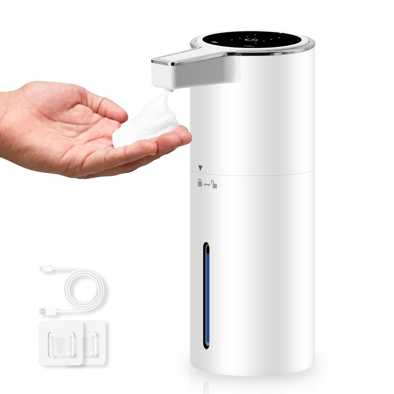 HMJIA Dispensador Jabón Automático 400ml IPX5 Resistente al Agua USB-C Recargable Dispensador de Jabón Cocina y Baño para Montaje en Pared Incluidos (Blanco Espuma)