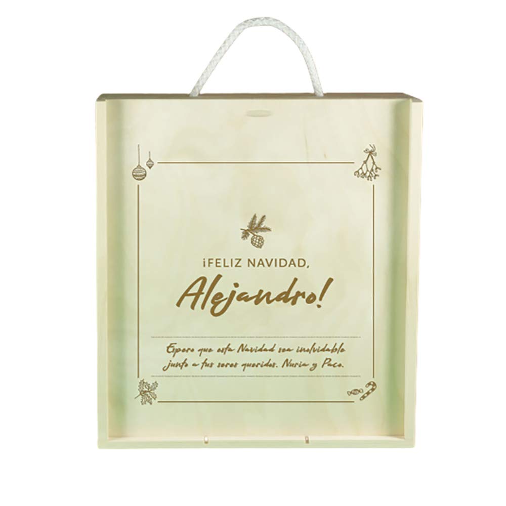 Regalo personalizado para hombres: kit personalizado deluxe con botella de vino, copas de vino y tarjeta de felicitación navideña en caja de madera