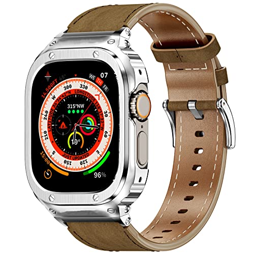 Suplink Metal Case with Leather Watch Strap Compatible Apple Watch Straps 49mm,Stainless Steel Rugged Protector Cover Bumper Genuine Leather Band for iWatch Ultra 2/1(Brown/Silver,49mm)