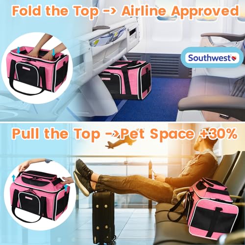 Image of Petskd Pet Carrier Top-Expandable 17x13x9.5 Southwest Airline Approved, Soft Small Dog Cat Carrier for 1-15 LBS Pets with Locking Safety Zipper and Anti-Scratch Mesh(Pink)