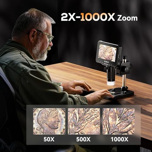 Elikliv Coin Microscope EDM4 Max, 4.3" LCD Digital Microscope1000x, Coin Magnifier with 8 Adjustable LED Lights, Coin Microscope with Screen, PC View with Windows/Mac, 32GB SD Card Included