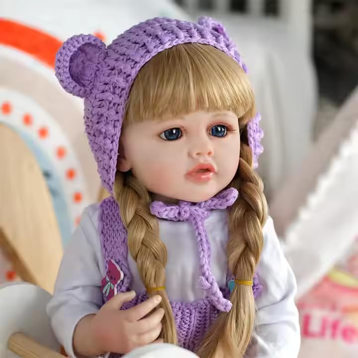 Ramokdu Full Silicone Body Reborn Baby Girl Doll,22" Beautiful Lifelike Reborn Baby Doll Full Body Vinyl Silicone with Long Hair for Children,with Cloth, Nipple Bottle, Dipper (Multi Colour)