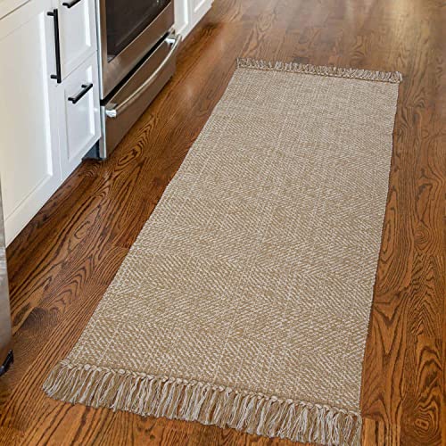 Collive Hallway Runner Rug, 2' X 5' Soft Washable Tan Contemporary Modern Laundry Room Indoor Hand-Woven Cotton Carpet For Bedroom Entryway Front Door Farmhouse Kitchen #TOP1