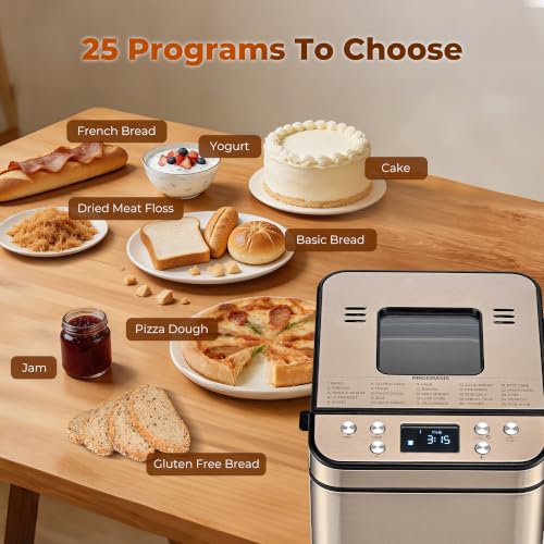 Image of Rosewill 25-in-1 Automatic Bread Maker Machine with 3 Loaf Size up to 2LB, 700W High Power Dual Heater Bread Maker with BPA-free Nonstick Coating Pan, Max 15 Hours Delay Timer, Low Noise - Honey